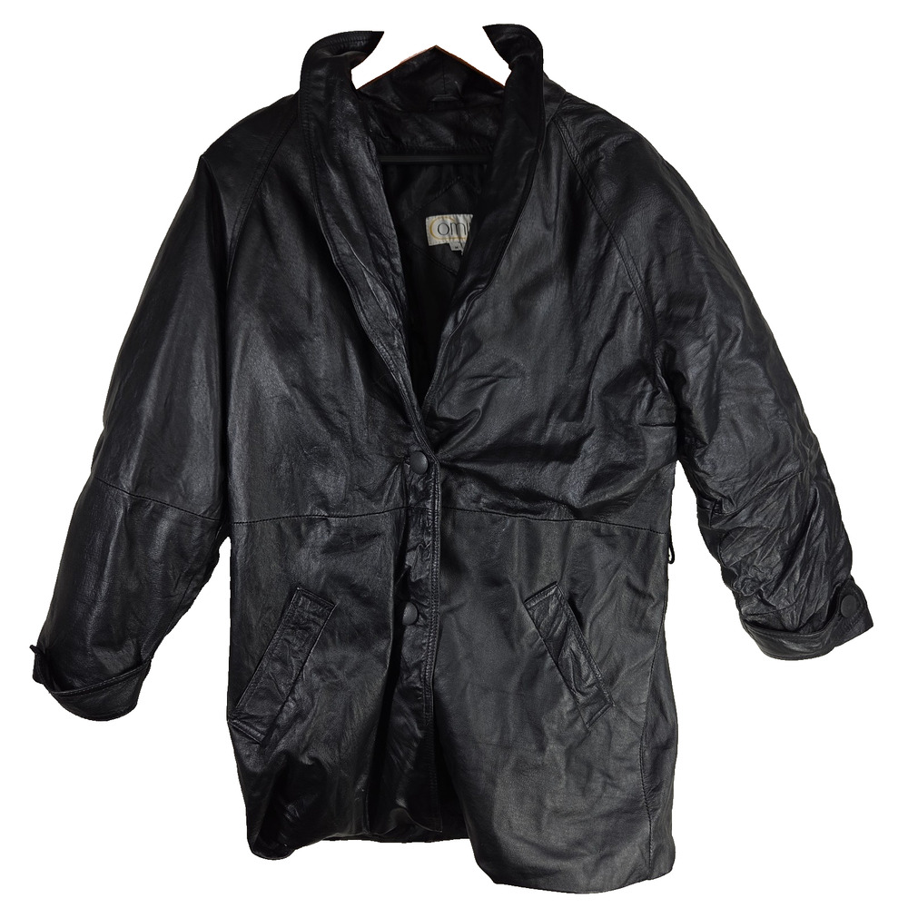 Vintage Comint Leather Trench Coat Womens Medium Black Long Overcoat Gorpcore